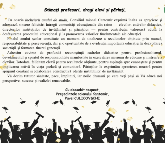Mesaj de felicitare al domnului Pavel CULICOVSCHI, președintele raionului, cu prilejul Ultimului sunet