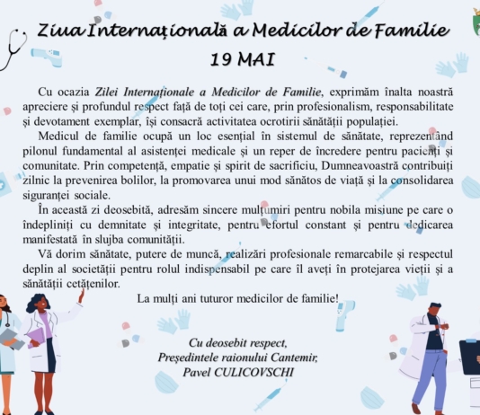 Mesaj de felicitare al domnului Pavel CULICOVSCHI, președintele raionului, cu prilejul Zilei Internaționale a Medicilor de Familie