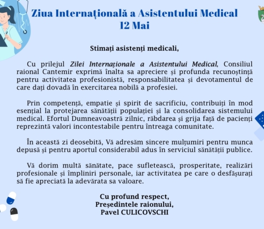 Mesaj de felicitare al dlui Pavel CULICOVSCHI, președintele raionului, cu prilejul Zilei Internaționale a Asistentului Medical