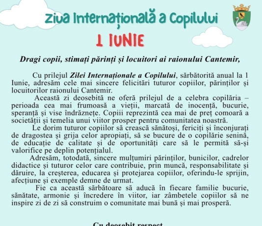 Mesaj de felicitare al domnului Pavel CULICOVSCHI, președintele raionului, cu prilejul Zilei Internaționale a Copilului